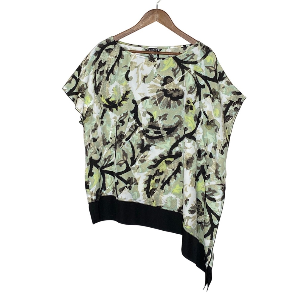 NIC+ZOE Womens Tunic Top XL Green Abstract Floral Asymmetrical Lagenlook Artsy